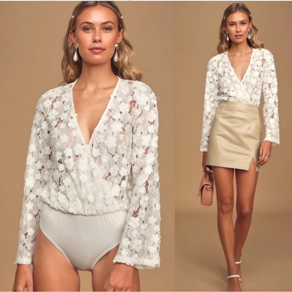 Lulus Blossom On Over White Ivory Lace Bodysuit, Size Small